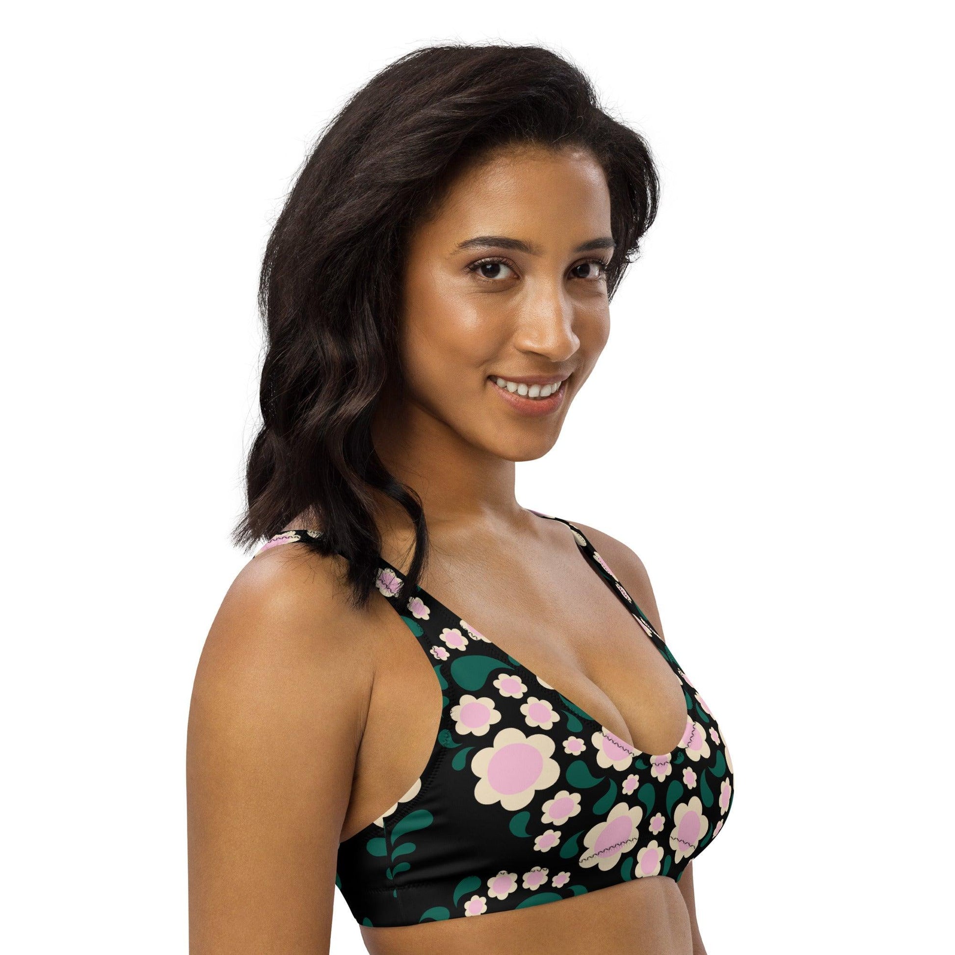 Bikini top - HEARTBEAT pink black - Flower hearts print