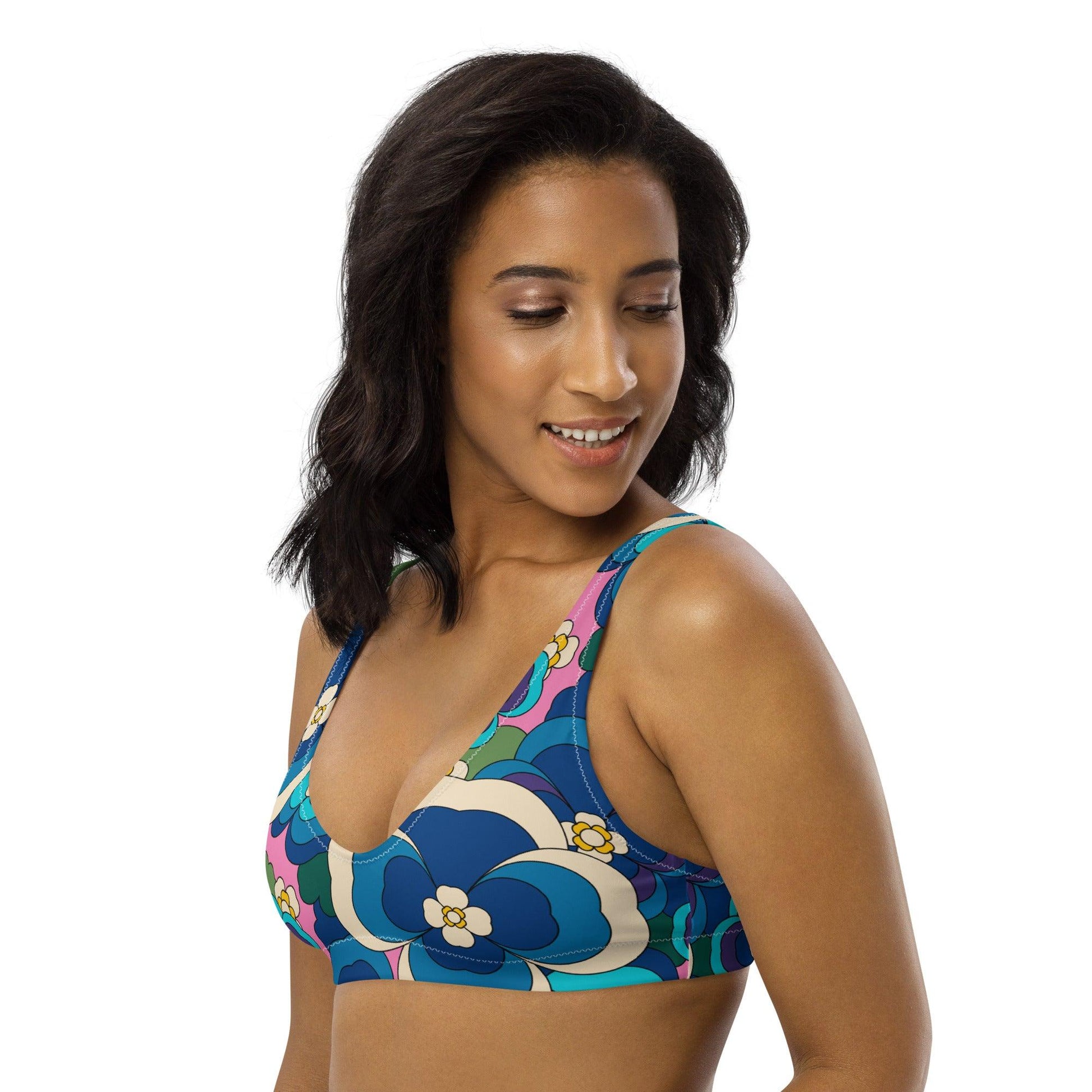 Bikini top - PANSY FANTASY blue - Retro pansy print