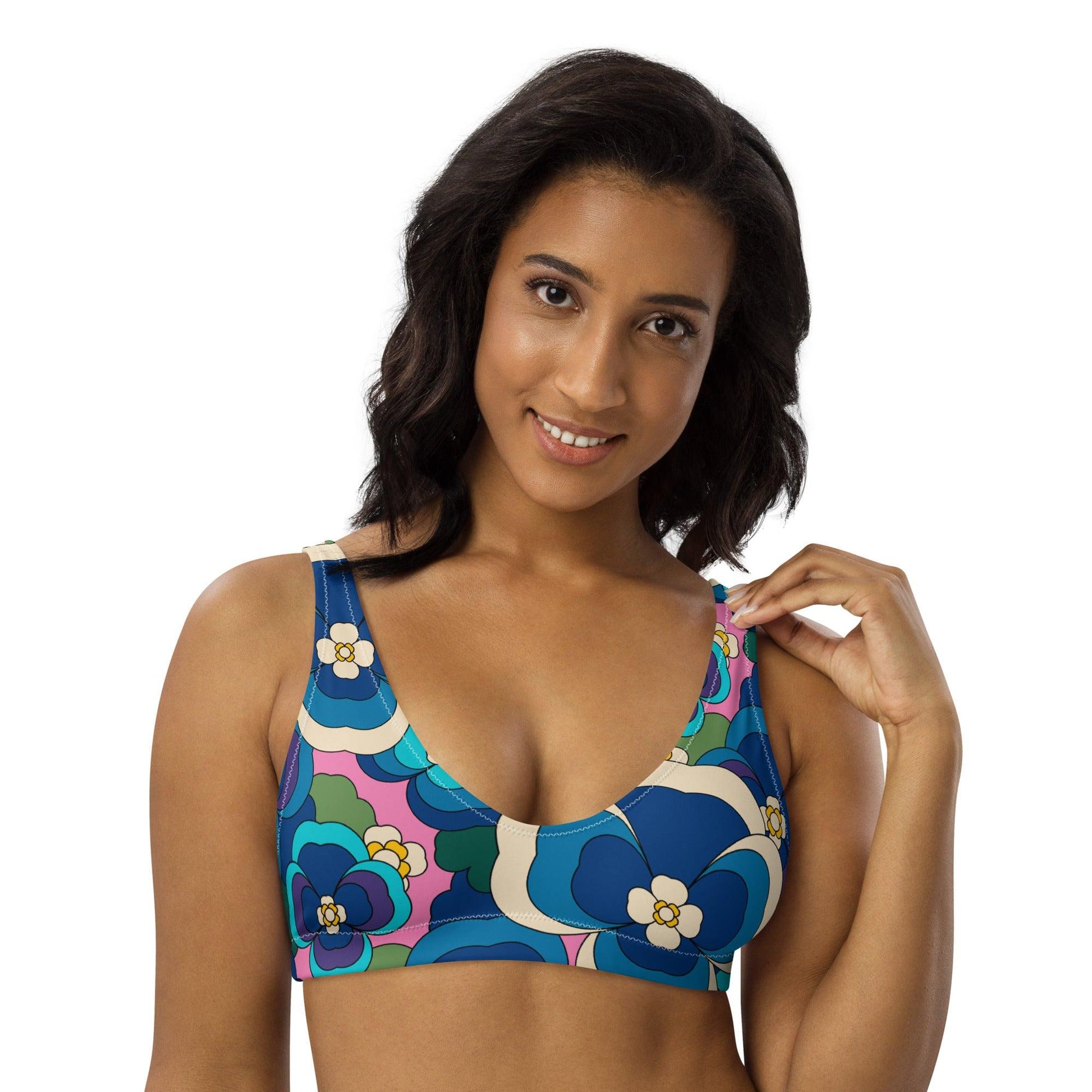 Bikini top - PANSY FANTASY blue - Retro pansy print 3XL