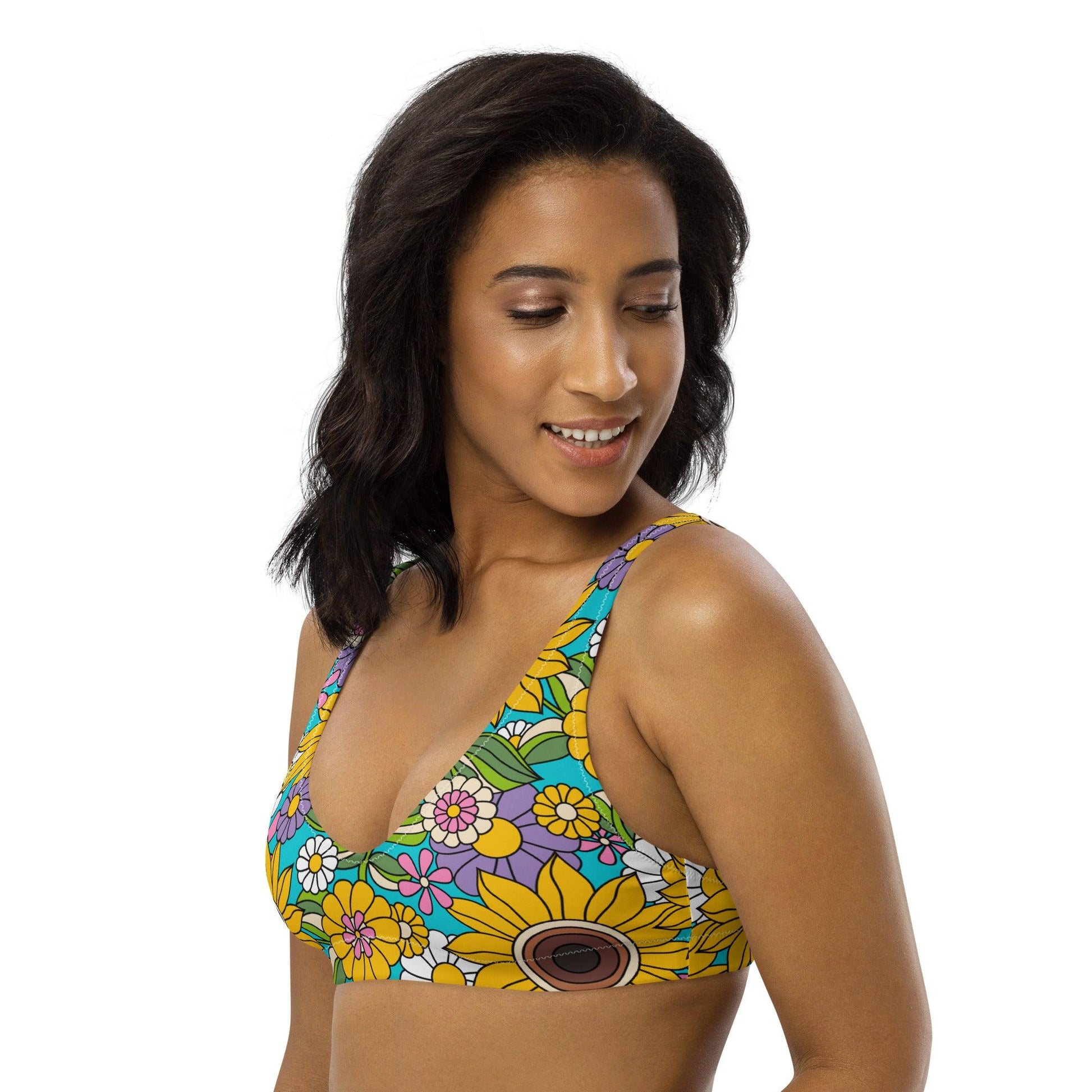 Bikini top - SUNDANCE turquoise - Bold sunflower print