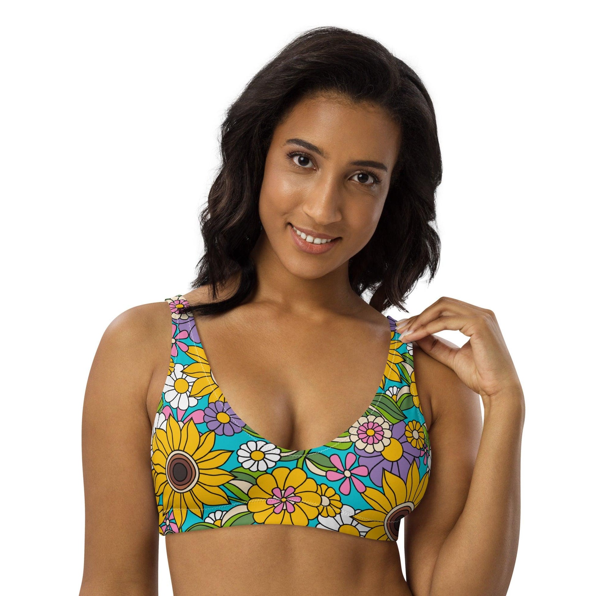 Bikini top - SUNDANCE turquoise - Bold sunflower print 3XL