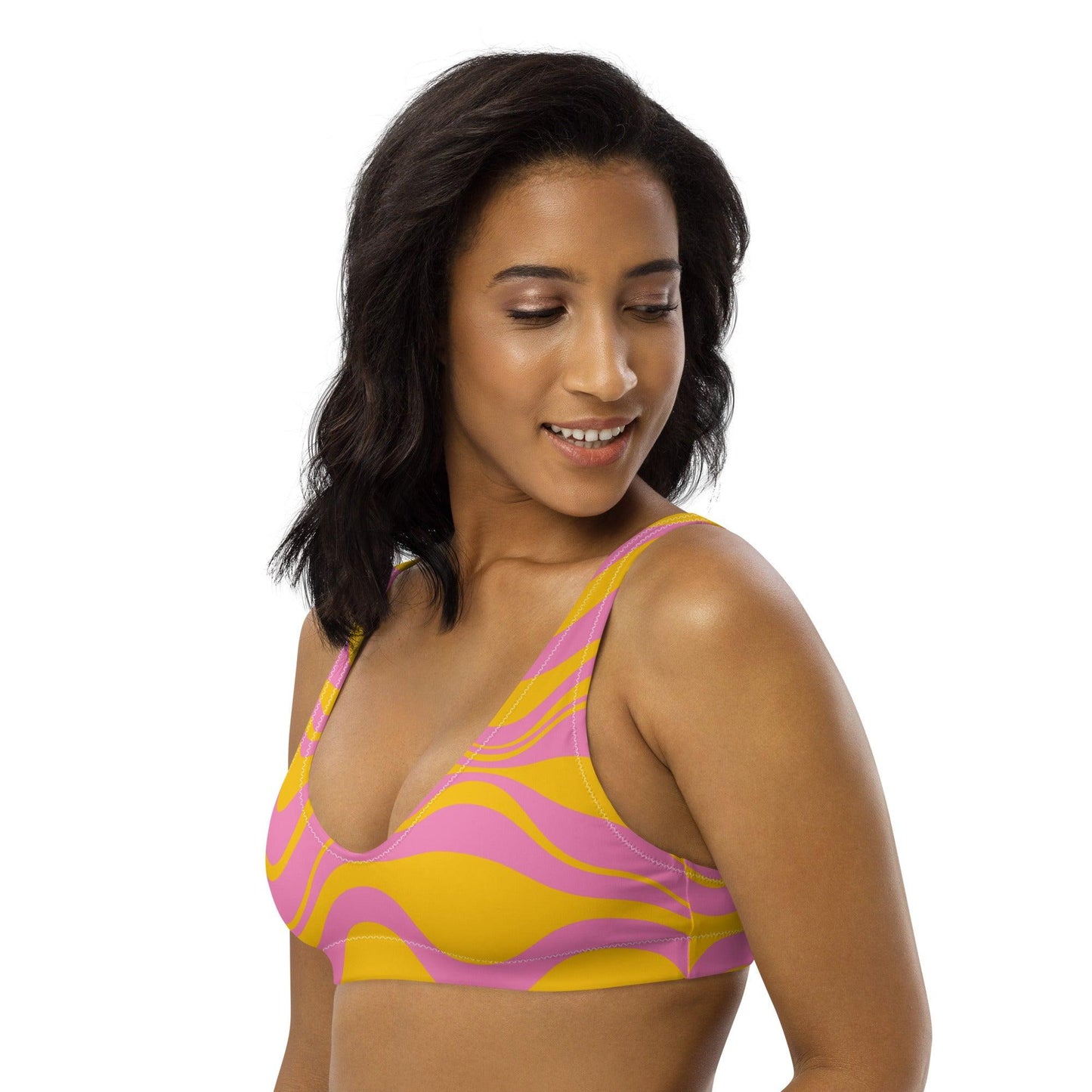 Bikini top - ENERGY WAVES pink yellow - Wavy stripe print