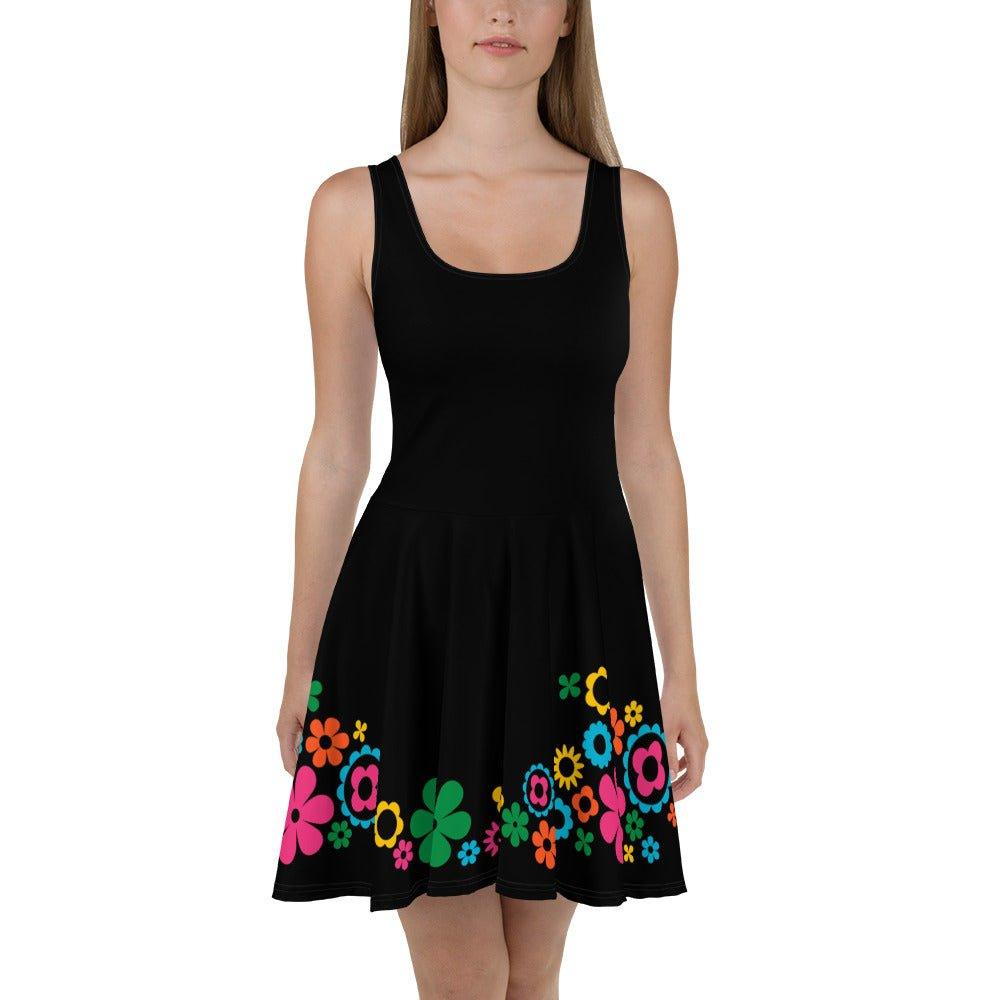 Skater dress - BLACK with BLOOMPOP happy - Colorful bloom print 3XL