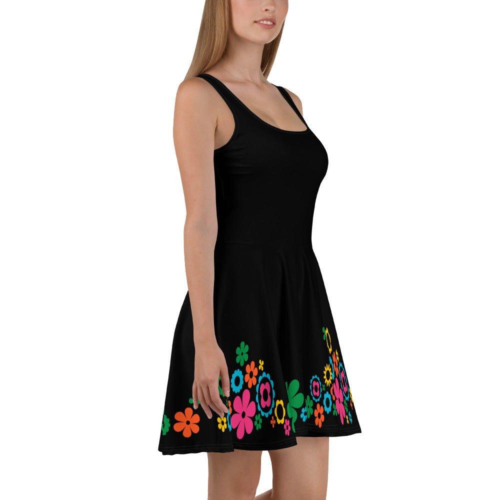 Skater dress - BLACK with BLOOMPOP happy - Colorful bloom print