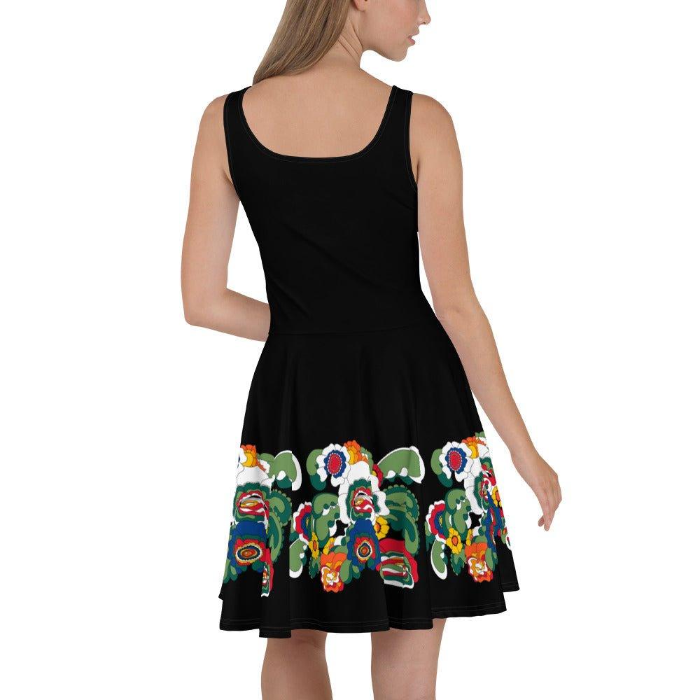 Skater dress - BLACK with GROOVY KURBITS - Folk floral print