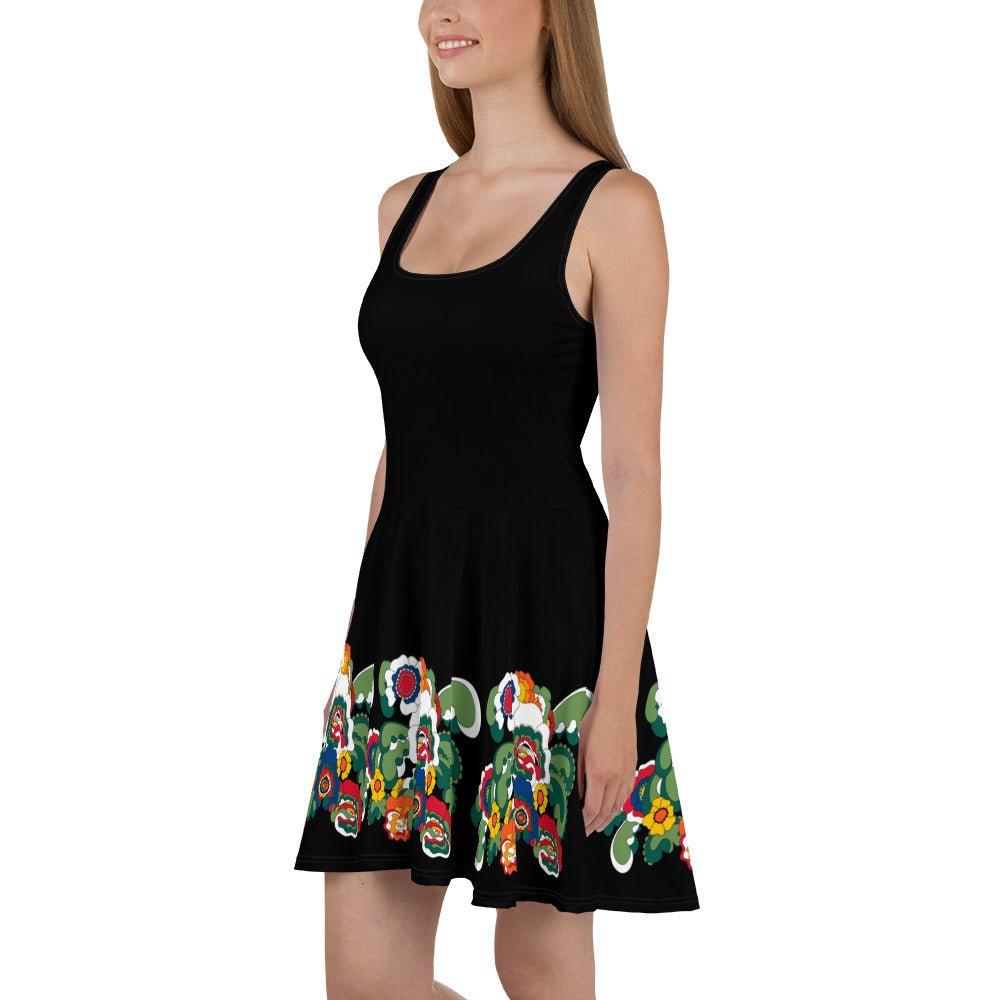 Skater dress - BLACK with GROOVY KURBITS - Folk floral print