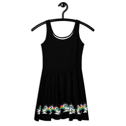 Skater dress - BLACK with UNIQUE - Unicorns and rainbows print