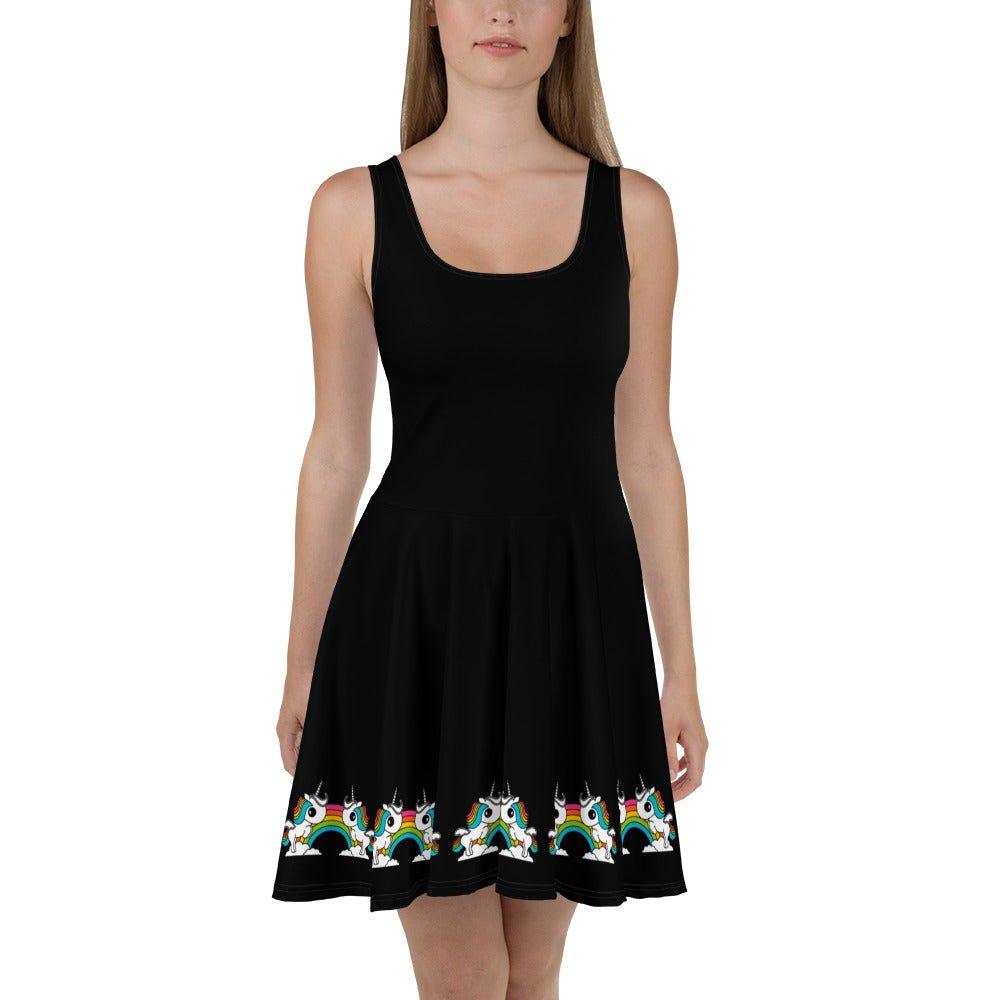 Skater dress - BLACK with UNIQUE - Unicorns and rainbows print 3XL