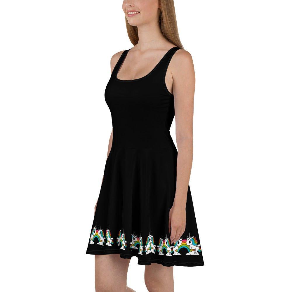 Skater dress - BLACK with UNIQUE - Unicorns and rainbows print