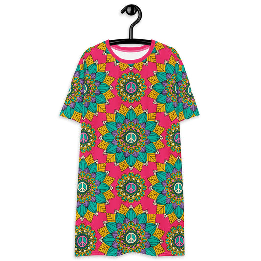 T-shirt dress - BLOOM WITH PEACE mint pink - Flowers and peace print 6XL