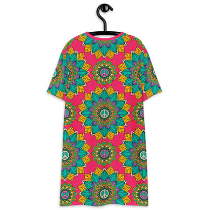 T-shirt dress - BLOOM WITH PEACE mint pink - Flowers and peace print