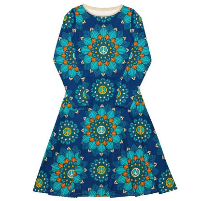 Midi dress - BLOOM WITH PEACE orange blue - Flowers and peace print