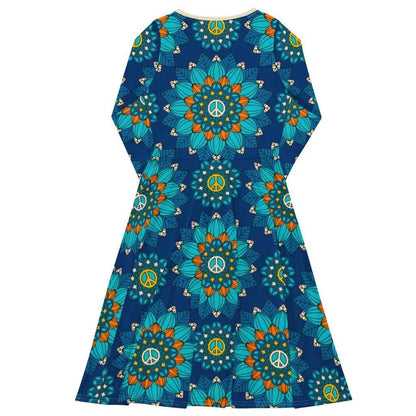 Midi dress - BLOOM WITH PEACE orange blue - Flowers and peace print