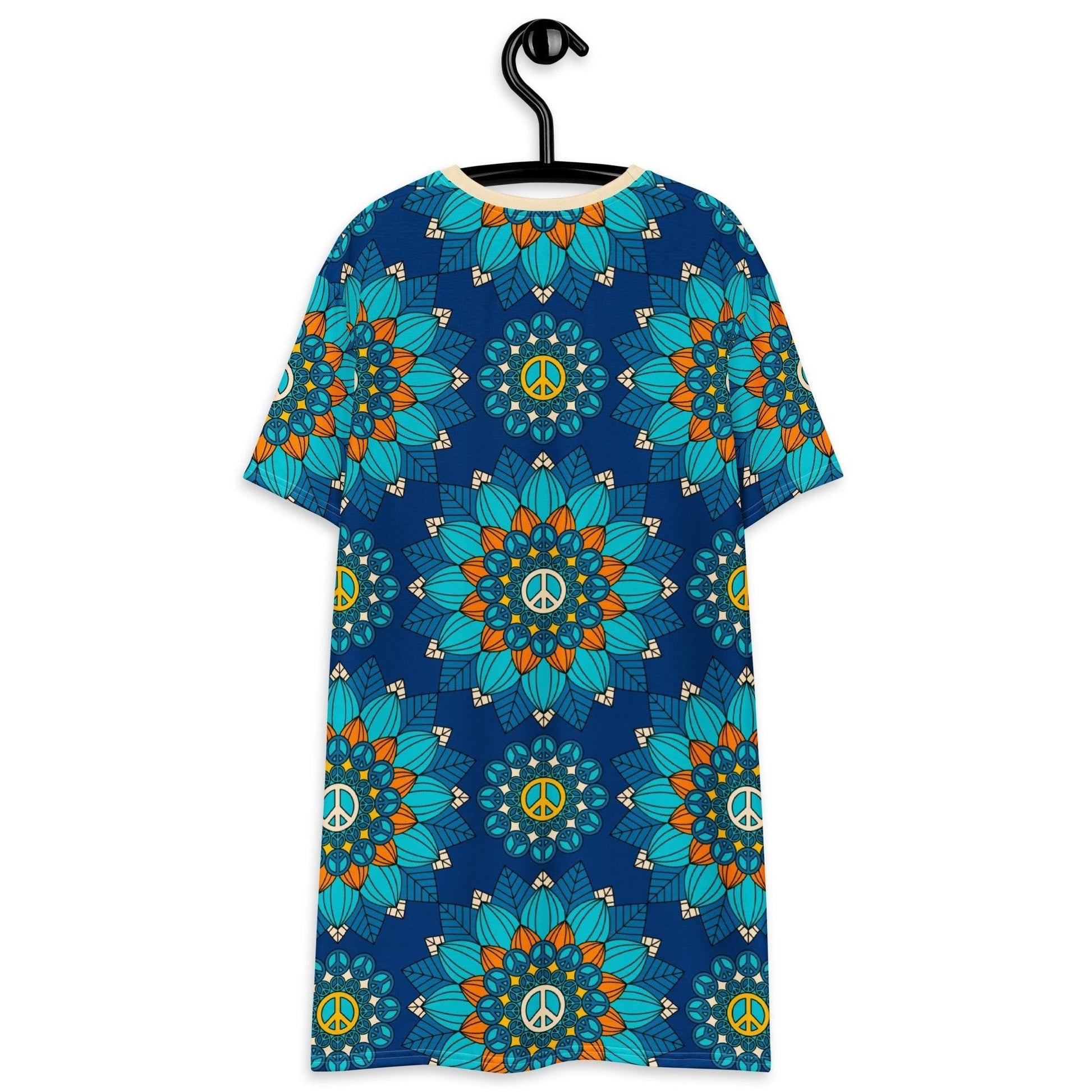 T-shirt dress - BLOOM WITH PEACE orange blue - Flowers and peace print