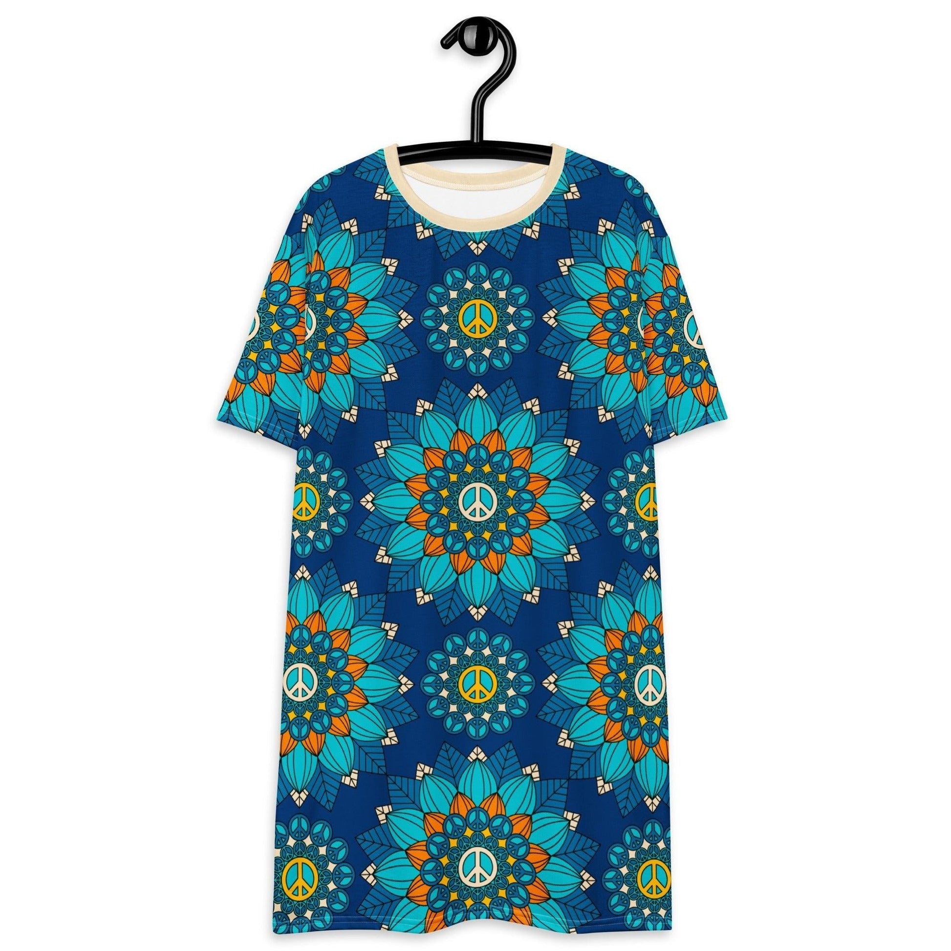 T-shirt dress - BLOOM WITH PEACE orange blue - Flowers and peace print 6XL