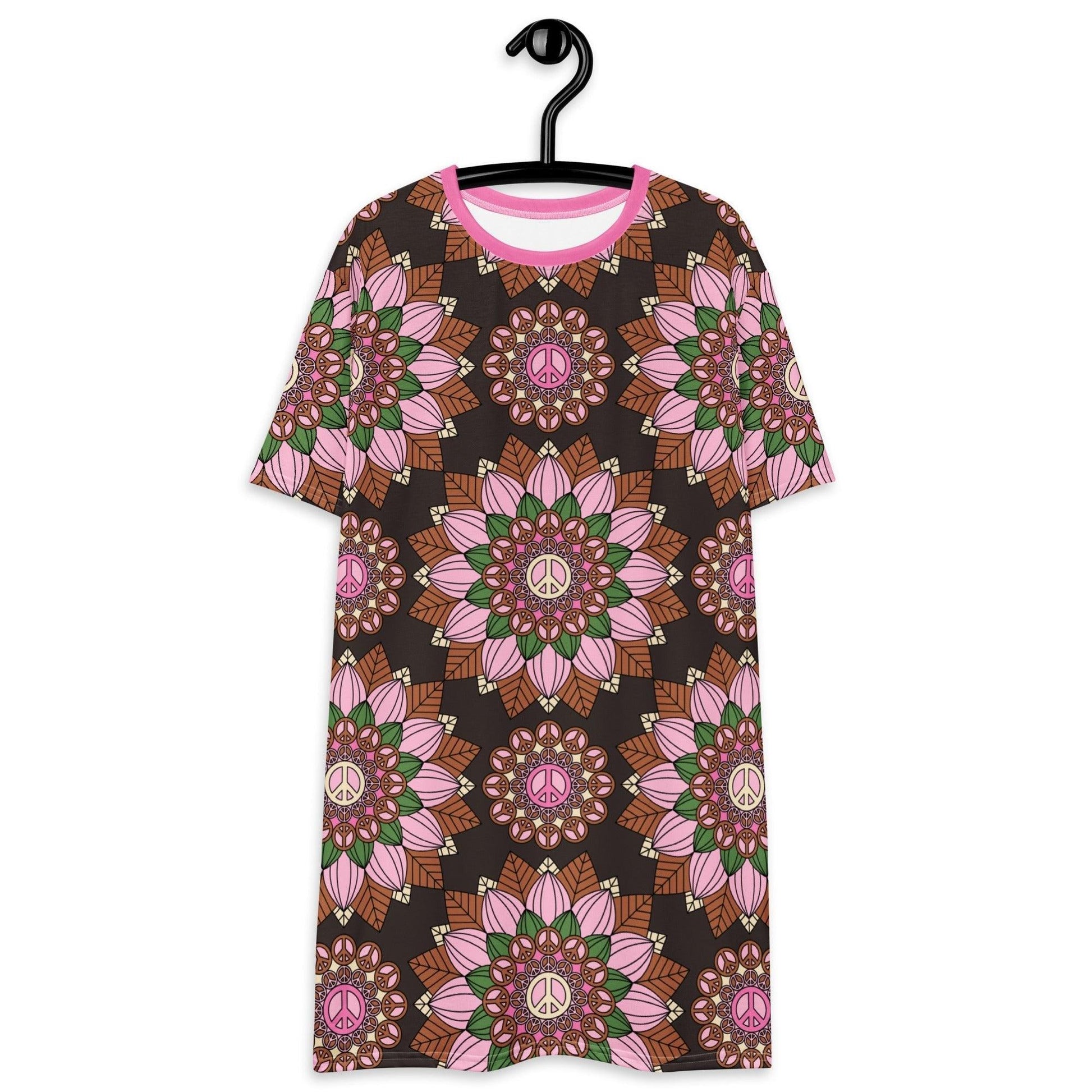 T-shirt dress - BLOOM WITH PEACE pink brown - Flowers and peace print 6XL