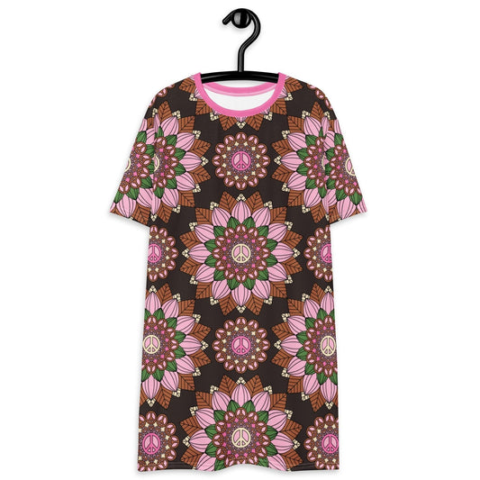 T-shirt dress - BLOOM WITH PEACE pink brown - Flowers and peace print 6XL
