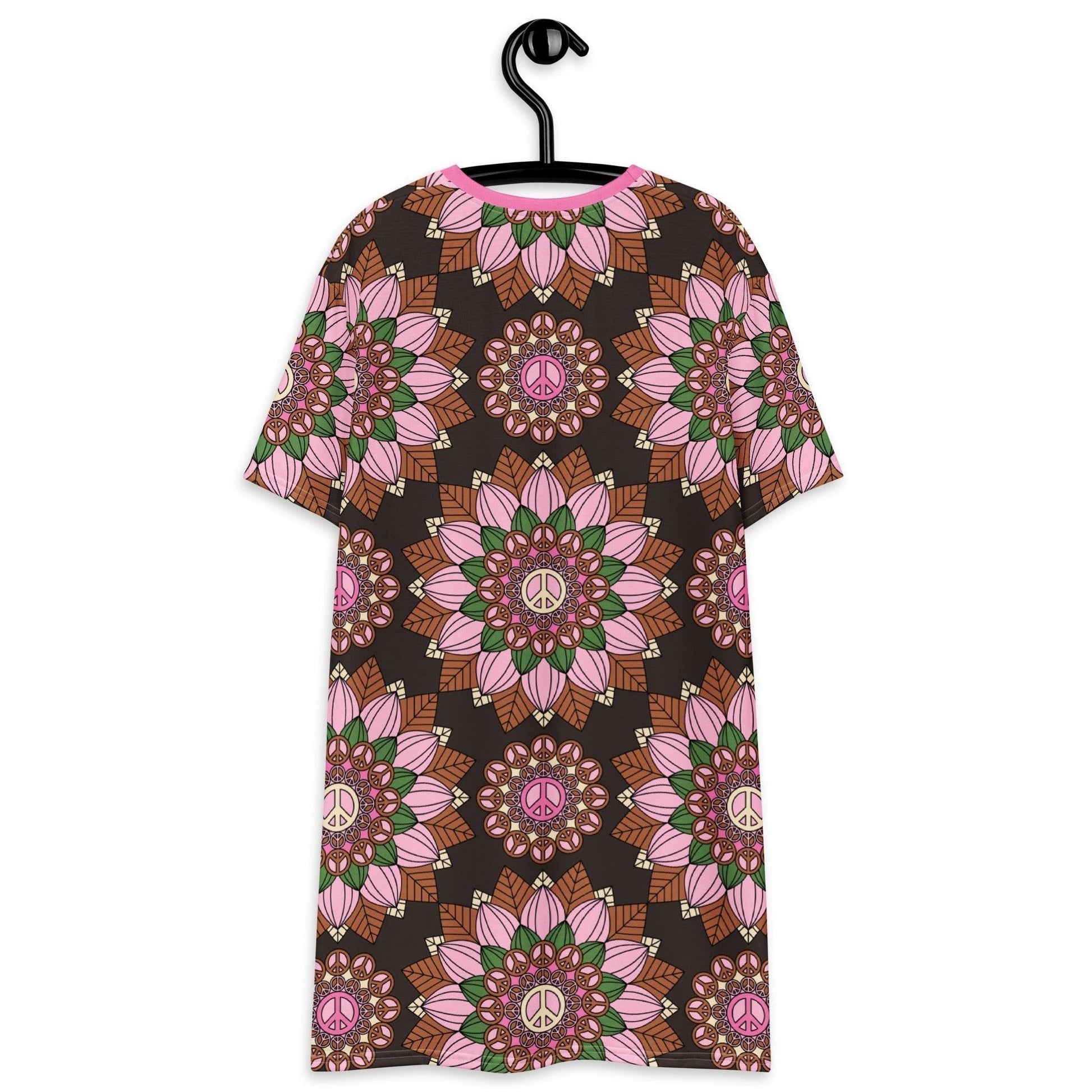 T-shirt dress - BLOOM WITH PEACE pink brown - Flowers and peace print