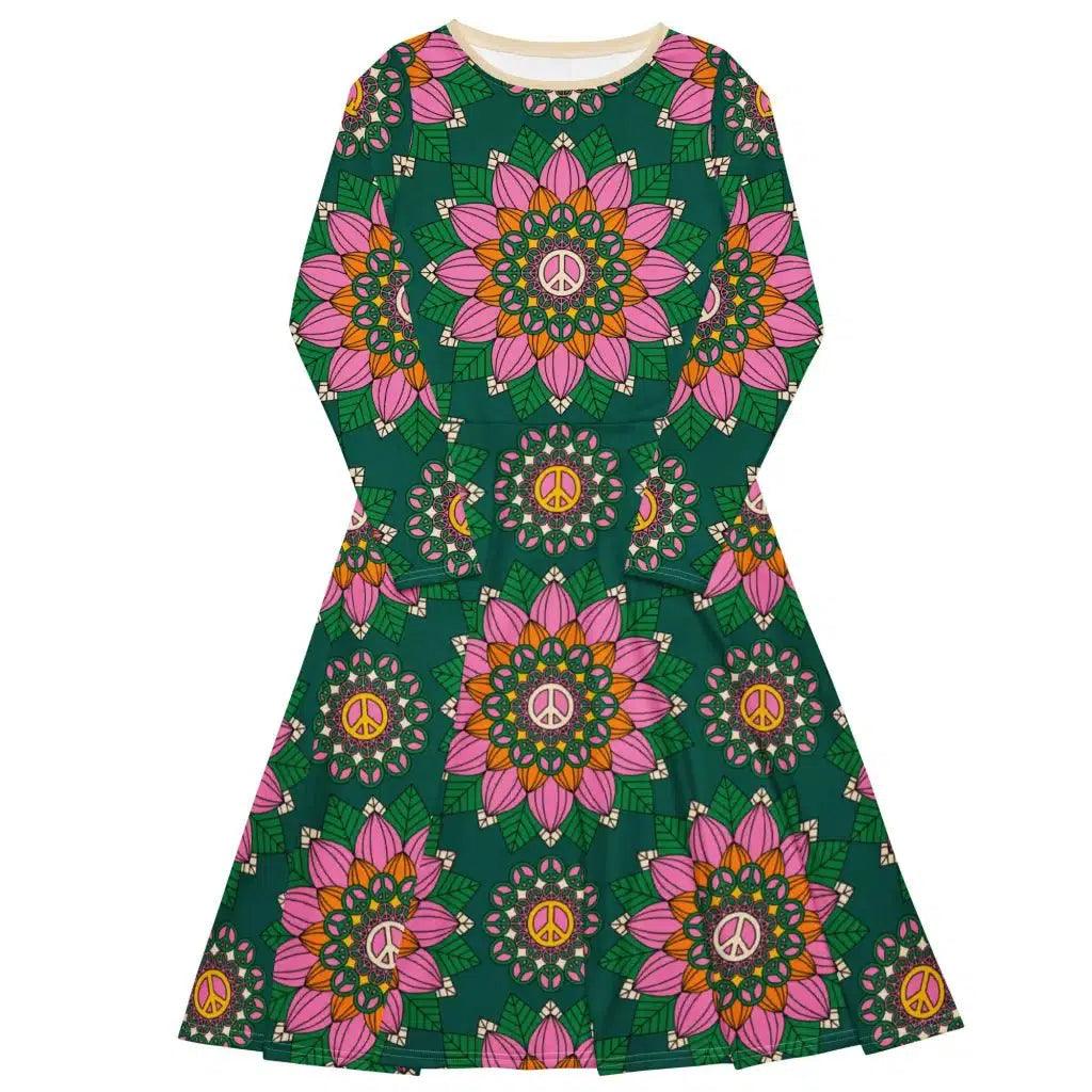 Midi dress - BLOOM WITH PEACE pink green - Flowers and peace print