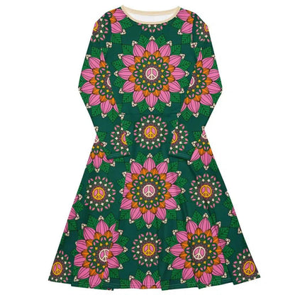 Midi dress - BLOOM WITH PEACE pink green - Flowers and peace print