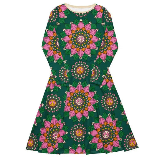 Midi dress - BLOOM WITH PEACE pink green - Flowers and peace print