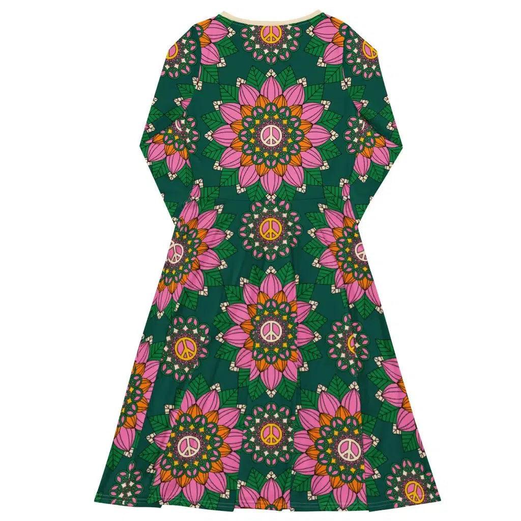 Midi dress - BLOOM WITH PEACE pink green - Flowers and peace print