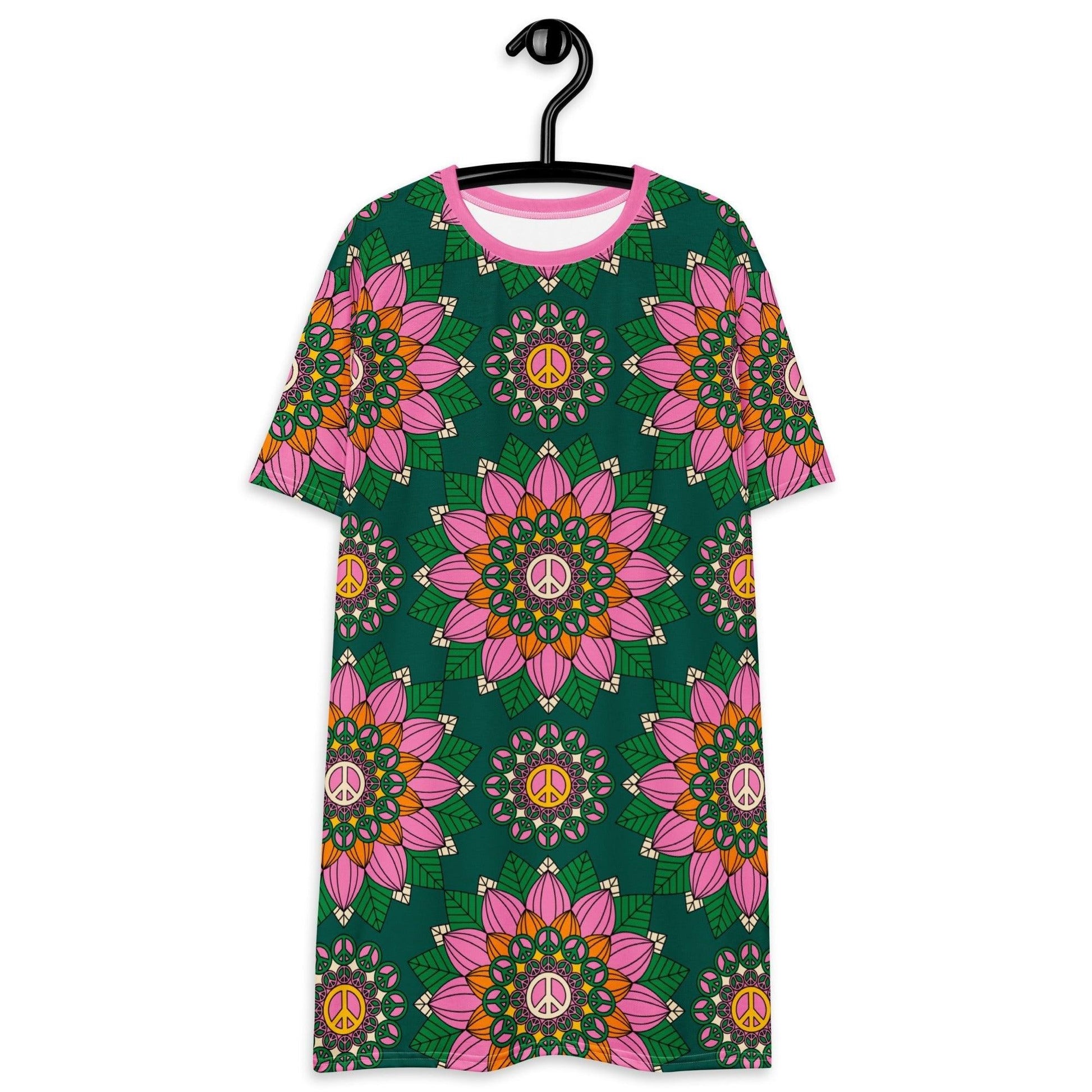 T-shirt dress - BLOOM WITH PEACE pink green - Flowers and peace print 6XL