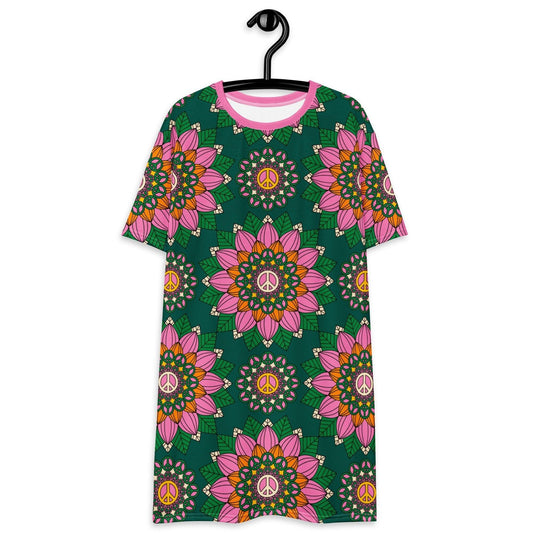 T-shirt dress - BLOOM WITH PEACE pink green - Flowers and peace print 6XL