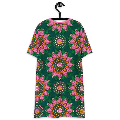 T-shirt dress - BLOOM WITH PEACE pink green - Flowers and peace print