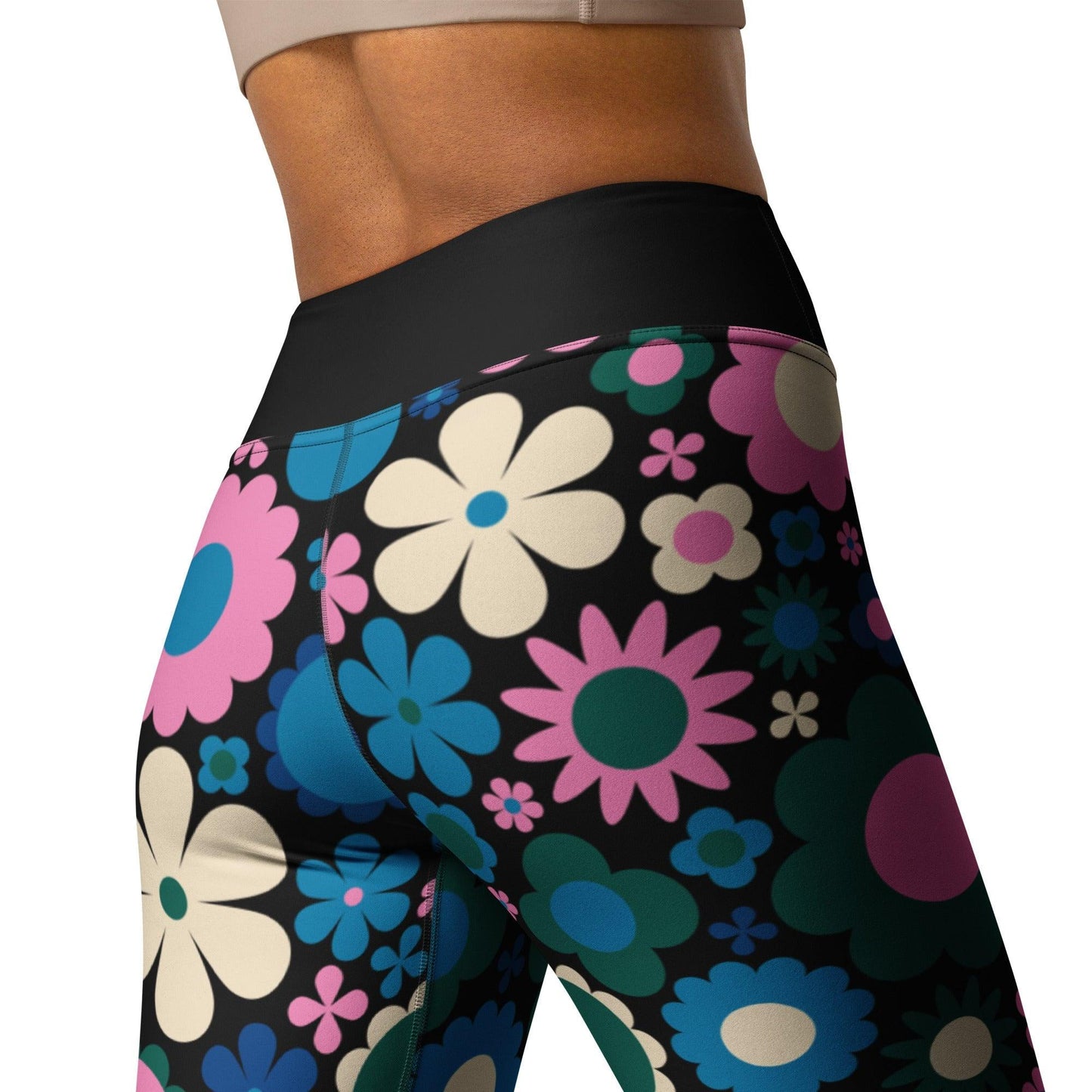 Yoga leggings -2- BLOOMPOP blue pink - Colorful bloom print