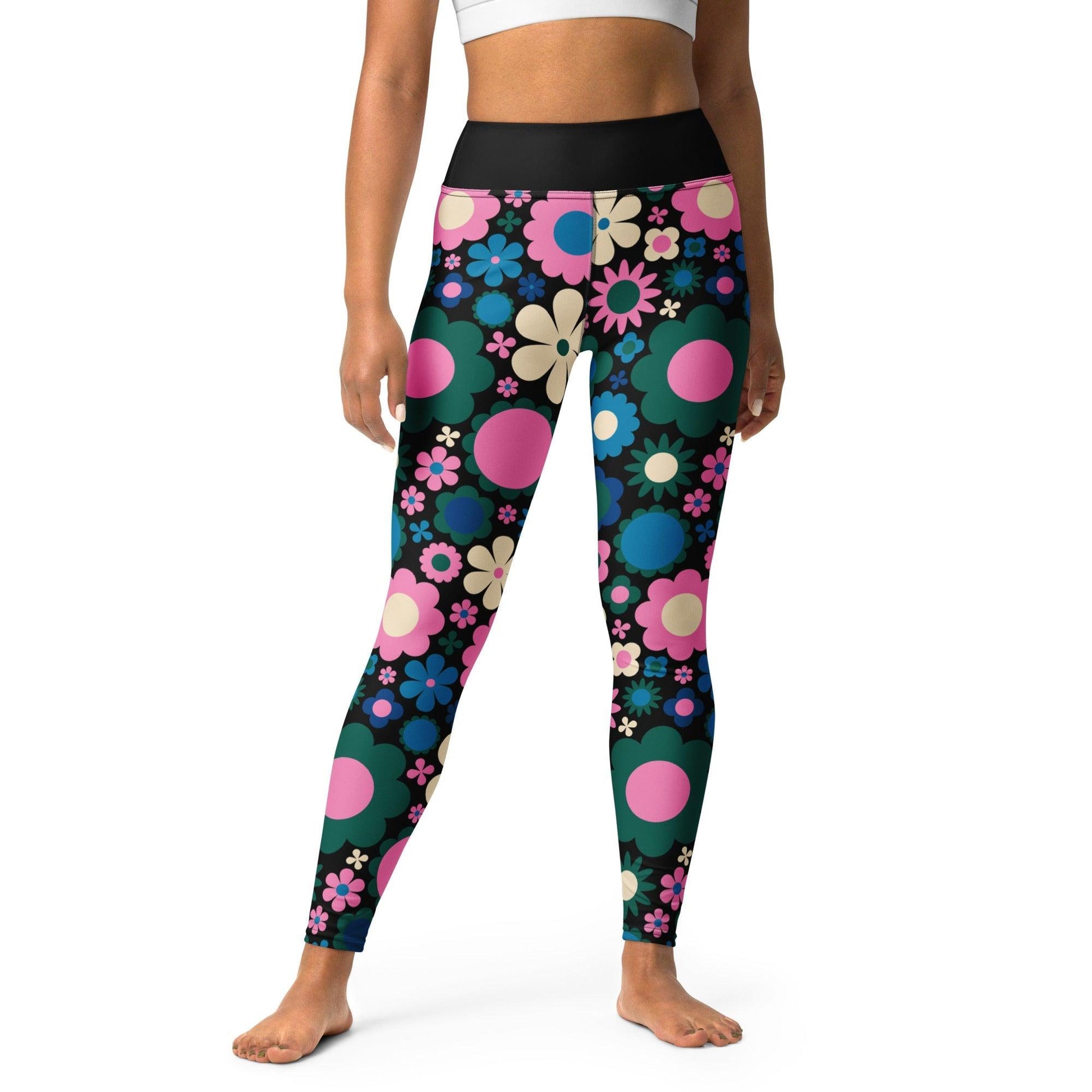 Yoga leggings -2- BLOOMPOP blue pink - Colorful bloom print XL