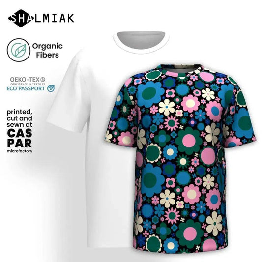 Organic cotton t-shirt - BLOOMPOP blue pink - Colorful bloom print