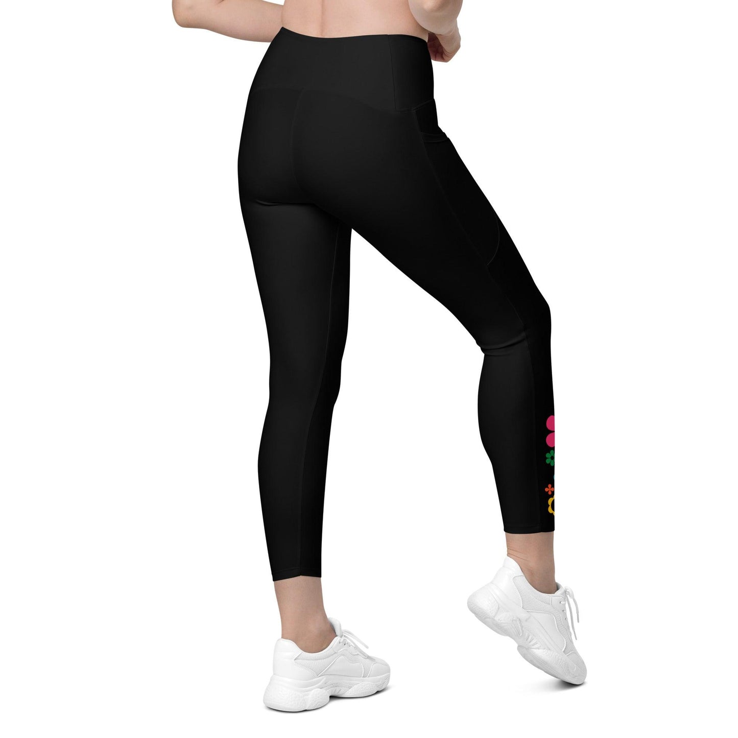 Leggings with pockets - BLOOMPOP happy in black - Colorful bloom print