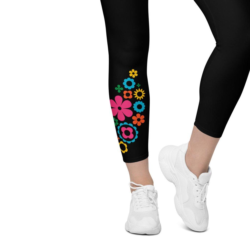Leggings with pockets - BLOOMPOP happy in black - Colorful bloom print