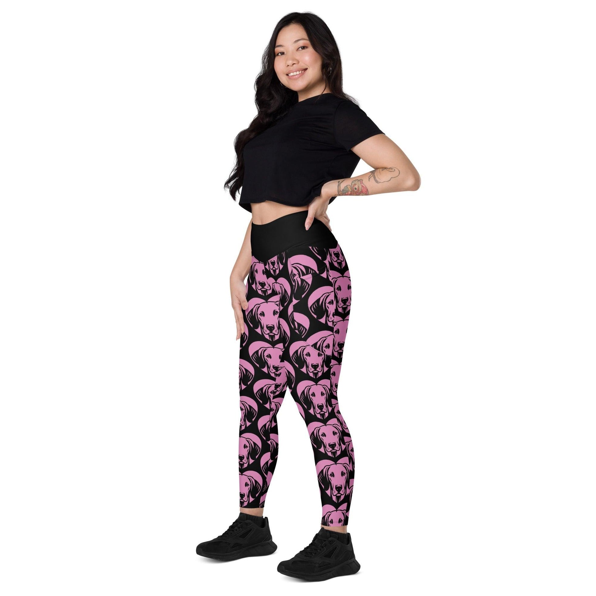 Dog breed leggings with pockets - AMERICAN FOXHOUND - HERTTAHOUND - pink - Retro floral print