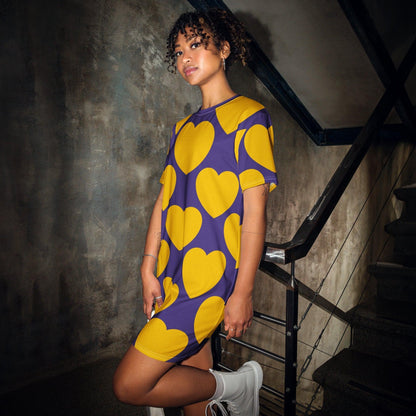 T-shirt dress - ELLIE LOVE yellow purple - Bold heart print