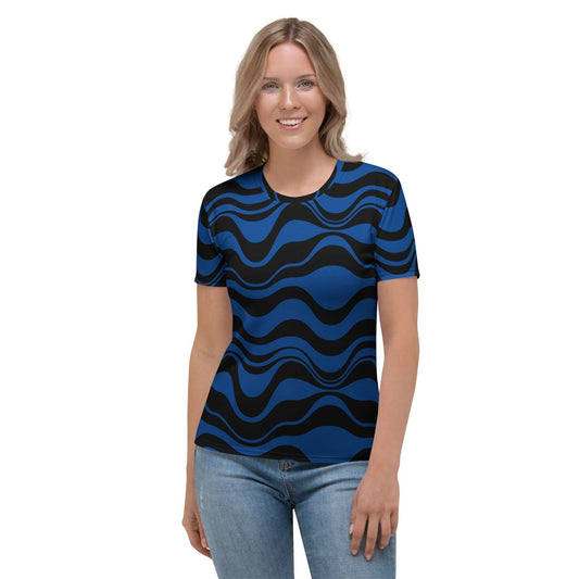 Woman's t-shirt - ENERGY WAVES blue black - Wavy stripe print