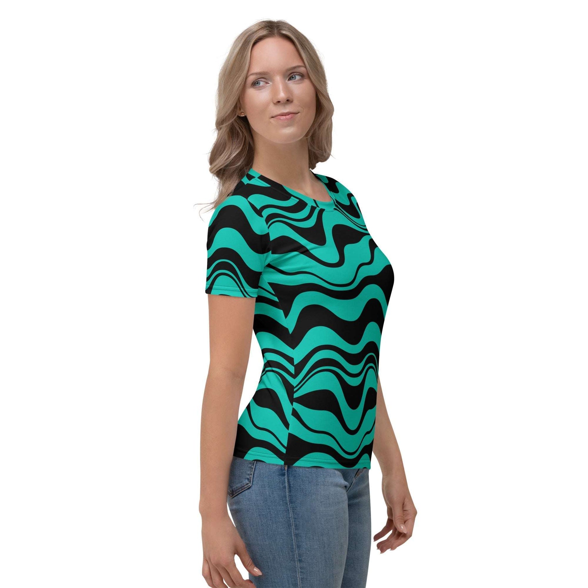 Woman's t-shirt - ENERGY WAVES mint black - Wavy stripe print