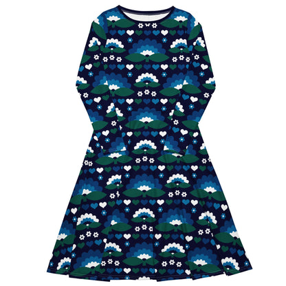 Midi dress - FALL IN LOVE magic blue - Elegant flower and heart print 6XL