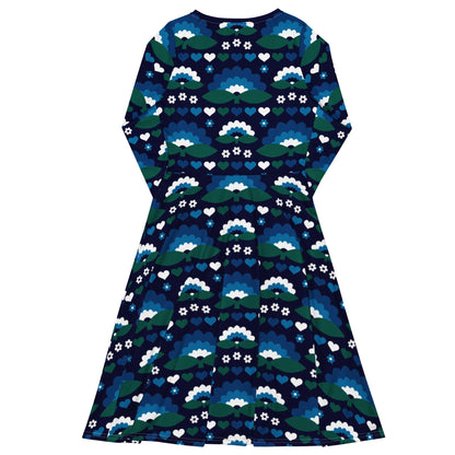 Midi dress - FALL IN LOVE magic blue - Elegant flower and heart print