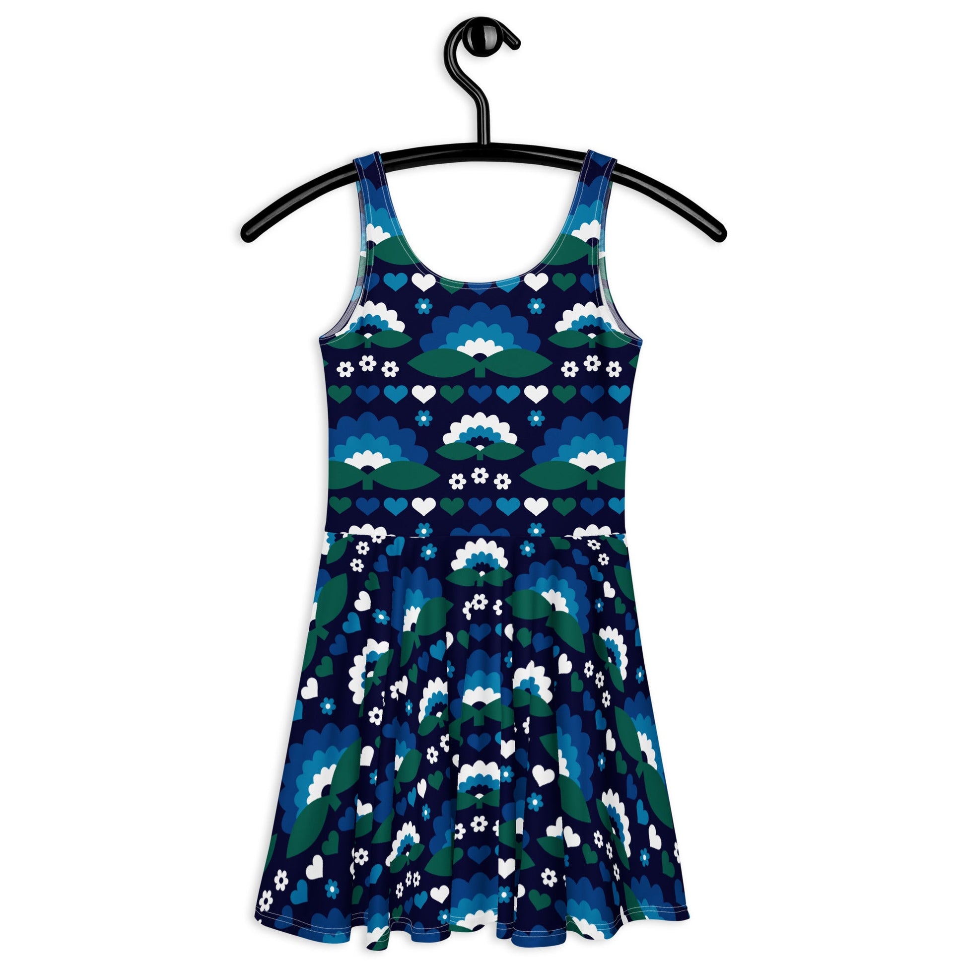 Skater dress - FALL IN LOVE magic blue - Elegant flower and heart print