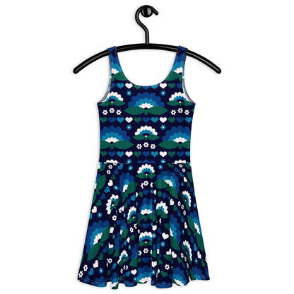 Skater dress - FALL IN LOVE magic blue - Elegant flower and heart print