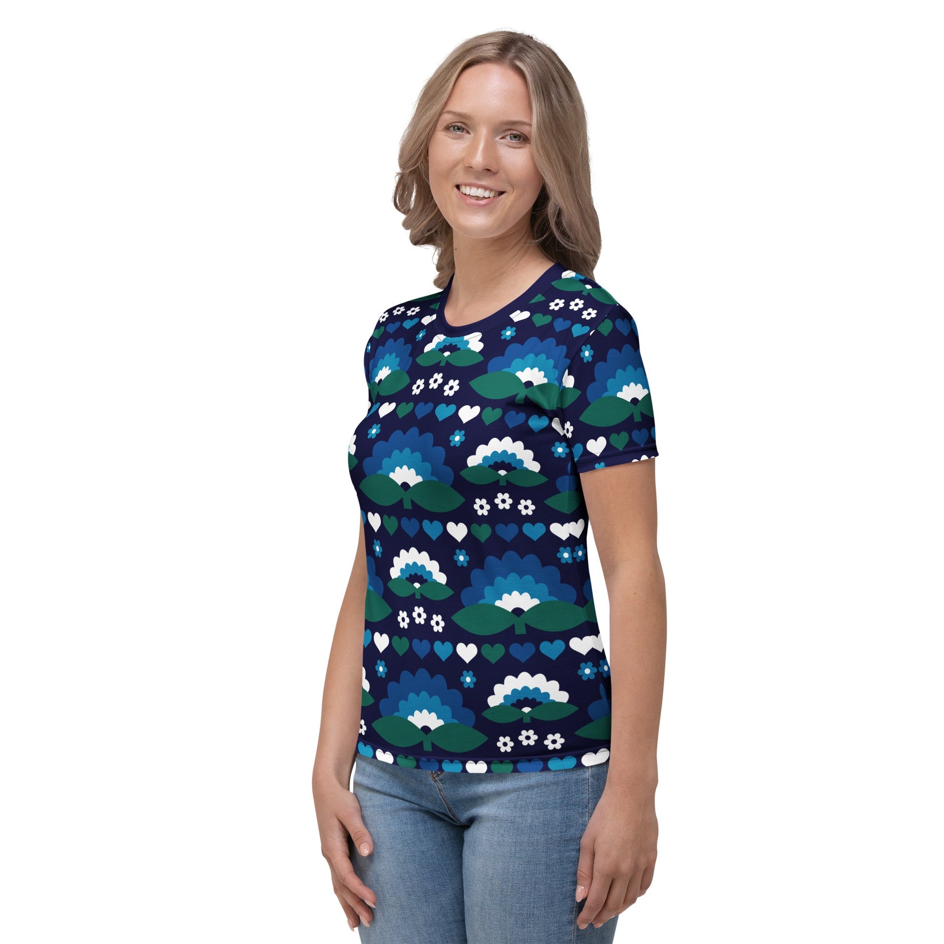 Woman's t-shirt - FALL IN LOVE magic blue - Elegant flower and heart print