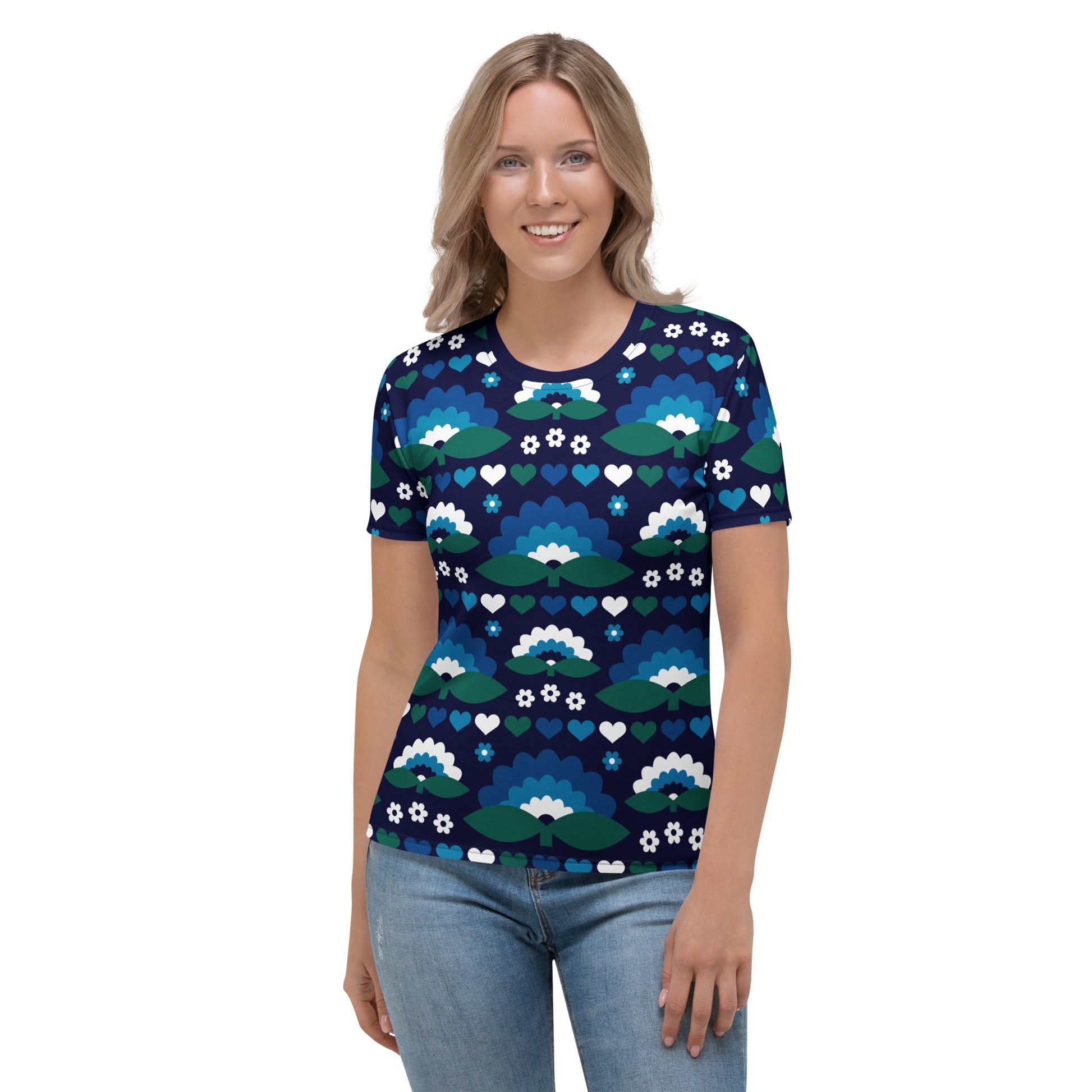 Woman's t-shirt - FALL IN LOVE magic blue - Elegant flower and heart print