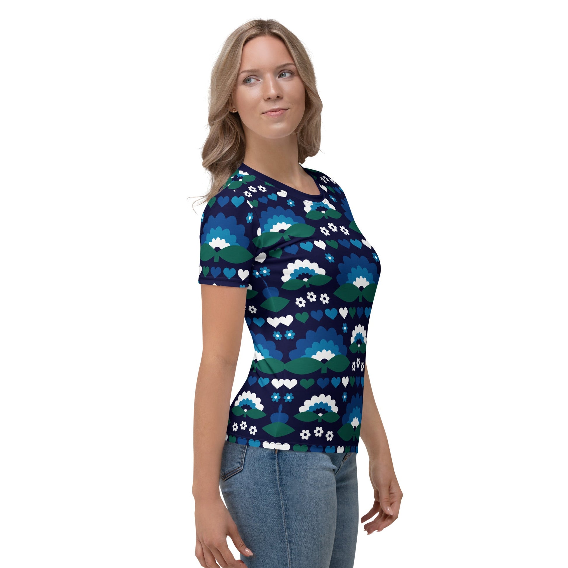 Woman's t-shirt - FALL IN LOVE magic blue - Elegant flower and heart print