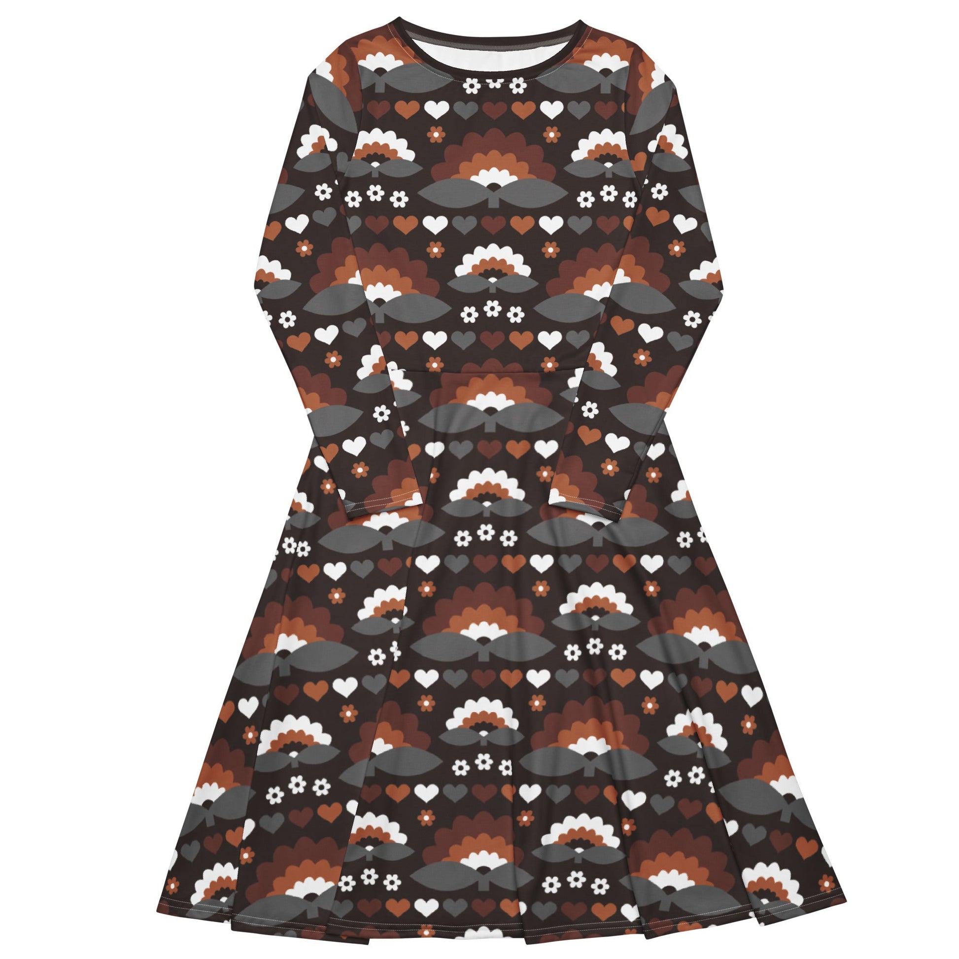 Midi dress - FALL IN LOVE mocca - Elegant flower and heart print 6XL