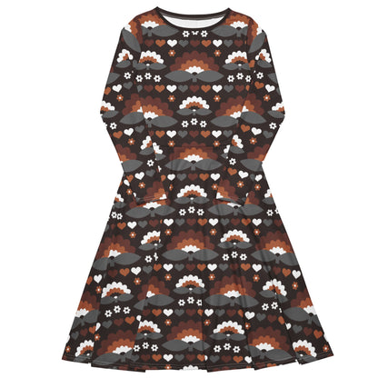 Midi dress - FALL IN LOVE mocca - Elegant flower and heart print 6XL