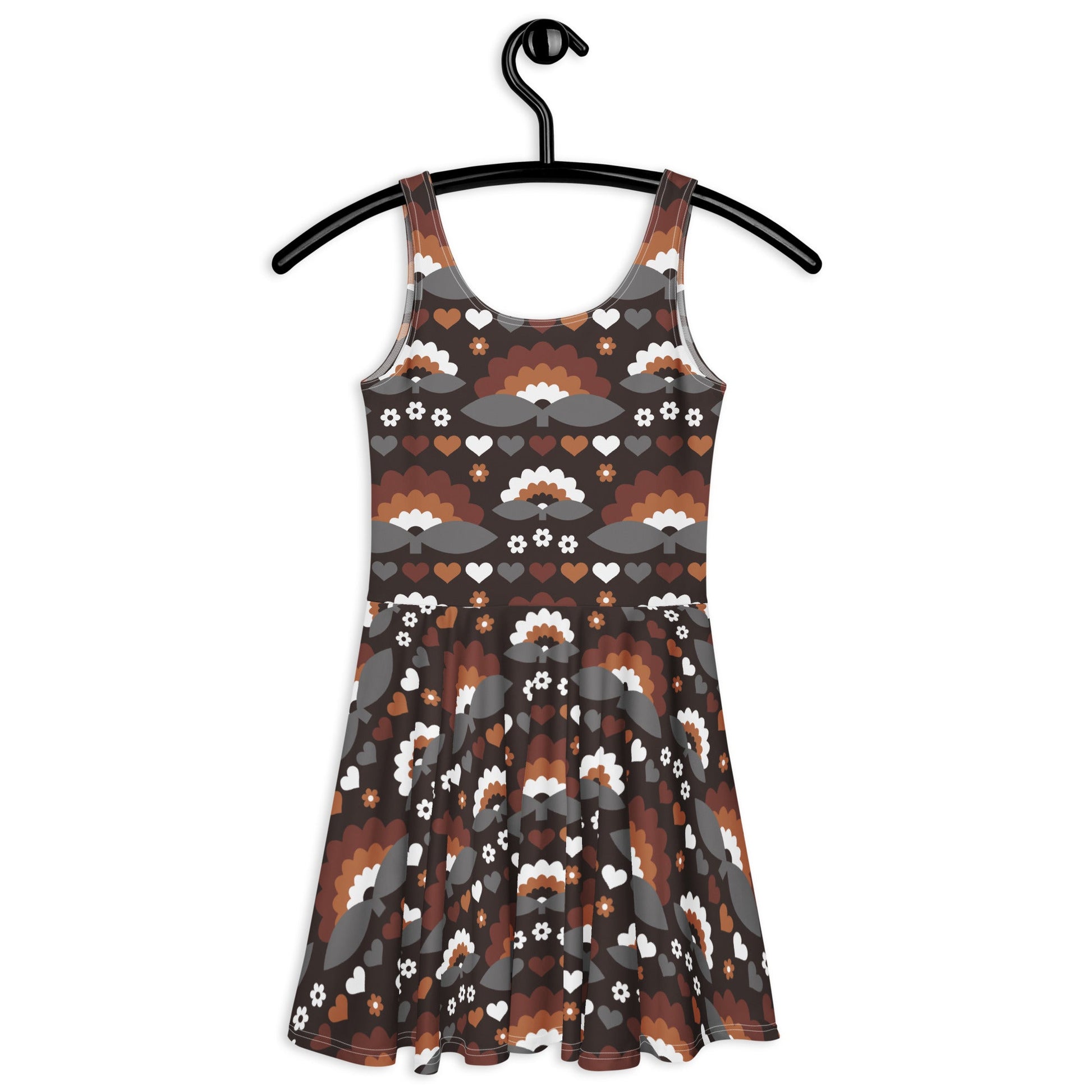 Skater dress - FALL IN LOVE mocca - Elegant flower and heart print