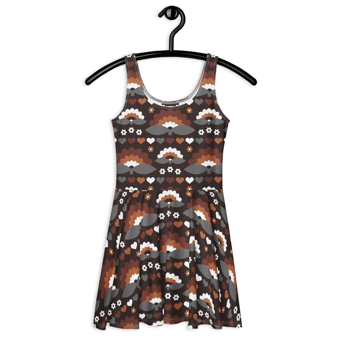 Skater dress - FALL IN LOVE mocca - Elegant flower and heart print 3XL