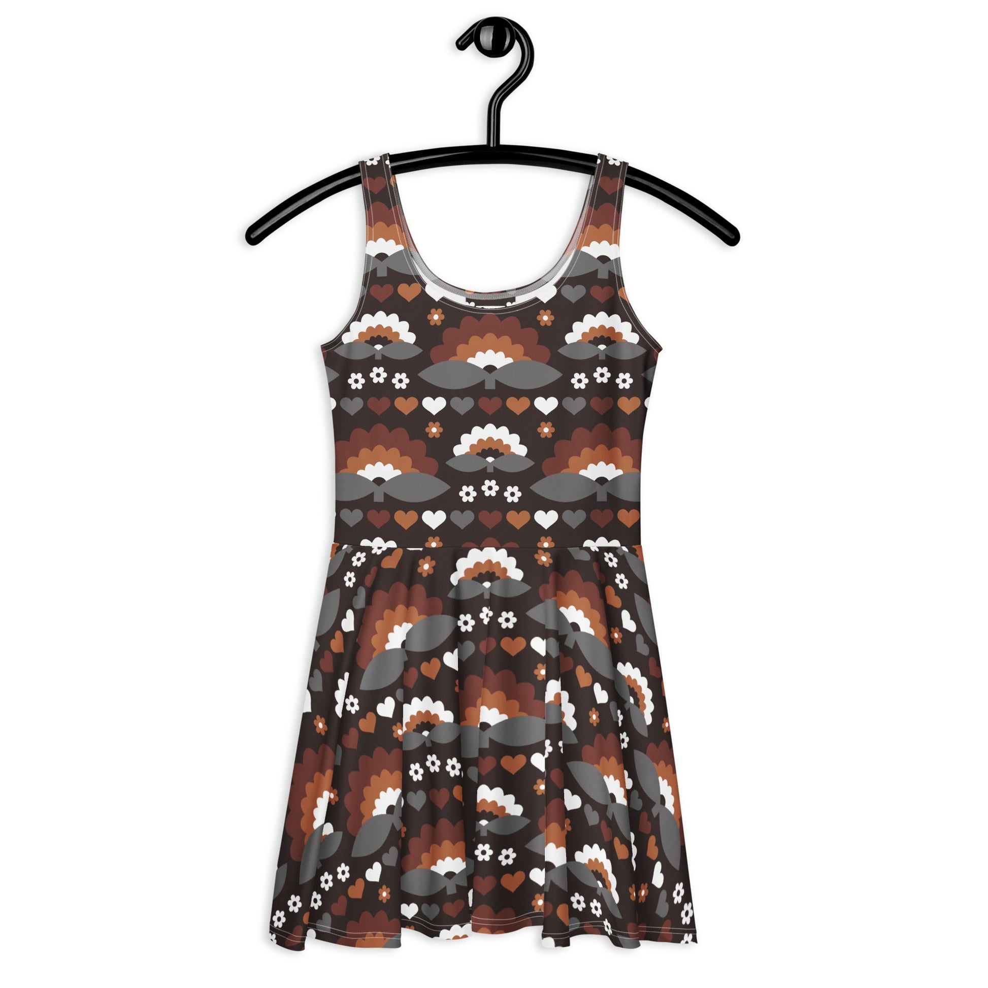 Skater dress - FALL IN LOVE mocca - Elegant flower and heart print 3XL